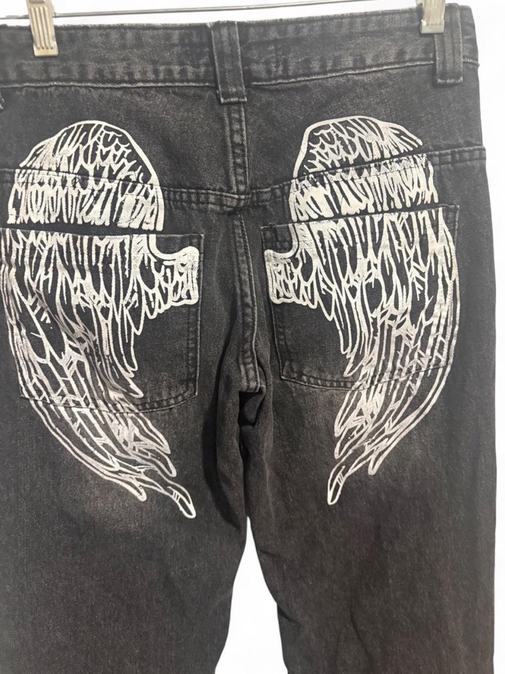 Disclosure Washed Black Baggy Denim Jeans, white angel wings graffic print